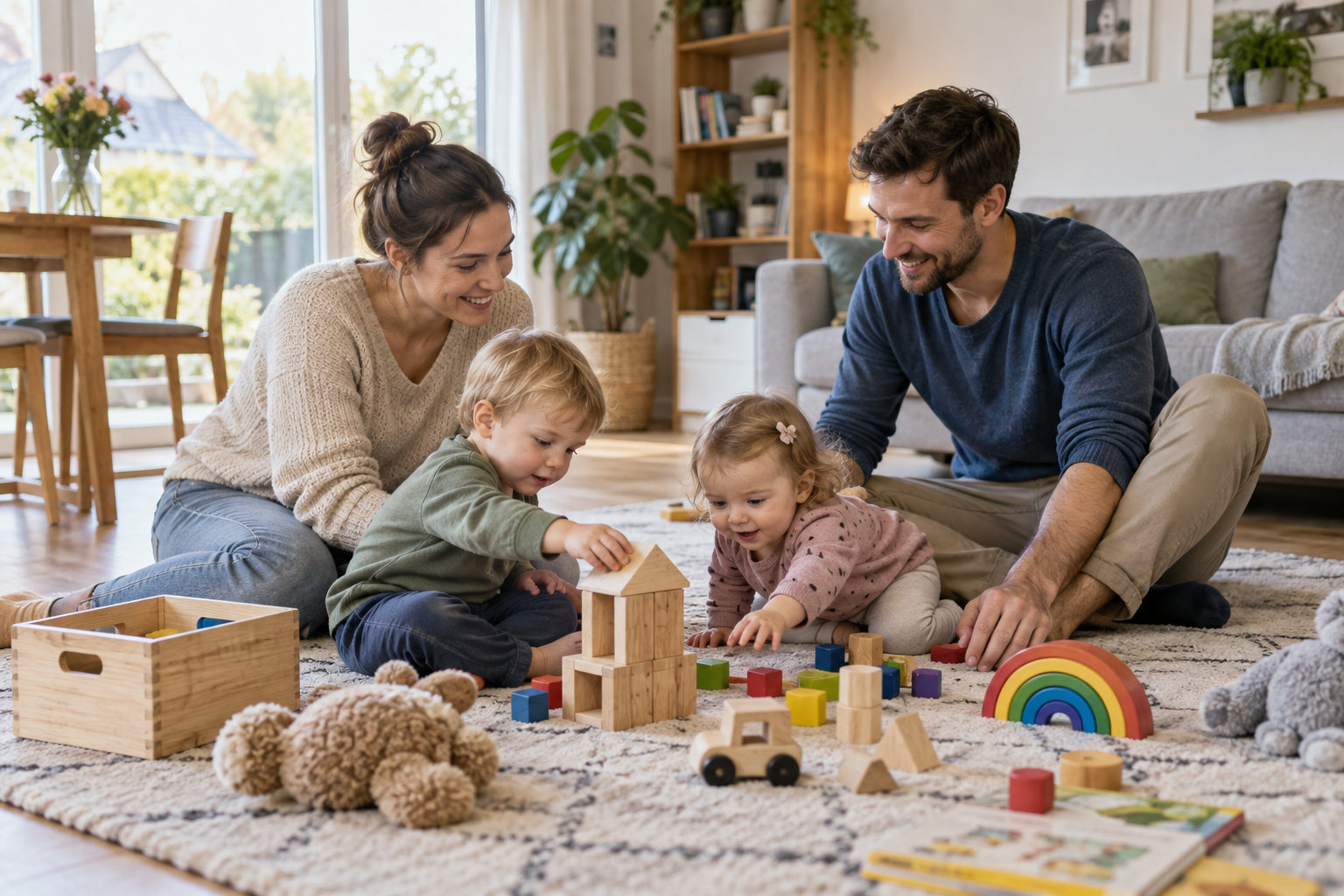 Junge Familie spielt mit zwei Kindern im Wohnraum