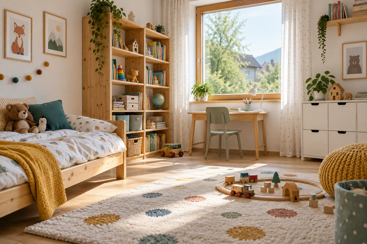 Helles Kinderzimmer mit Bett, Schreibtisch und Stauraum